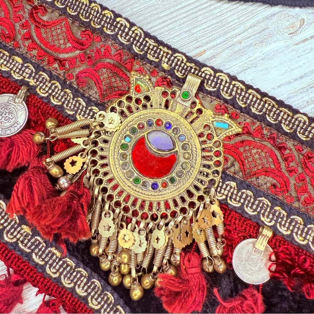Vintage handmade beaded coin belly dancing hip belt side sash medium costume - Picture 3 of 11